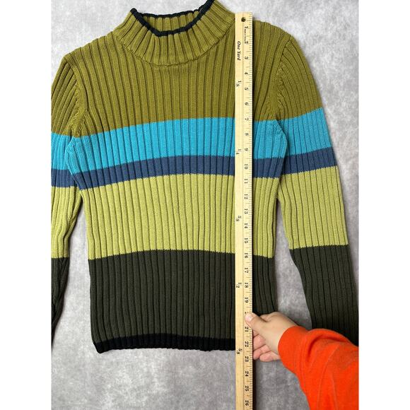 VTG Clio Ribbed Green Mockneck Colorblock Stripe Sweater 90s sz S Phoebe Buffay - Picture 6 of 6